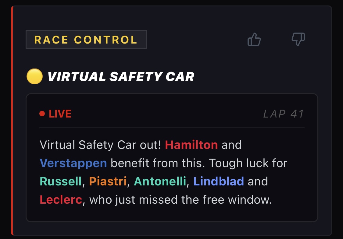 Virtual safety car called for Alonso's car. Hamilton and Verstappen take a free pit stop. Russell, Piastri, Antonelli, Lindblad and Leclerc already used their stops and can't respond.