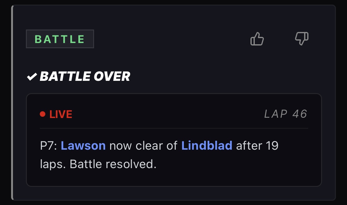 Lawson now clear of Lindblad after 19 laps, battle resolved.